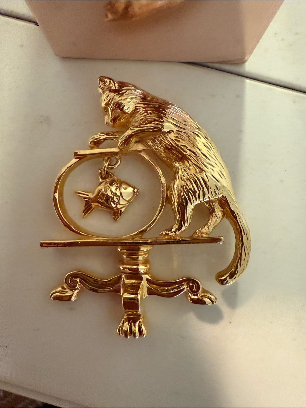 Gold Cat and Fish Decorative Pet Pin - Gold Tone